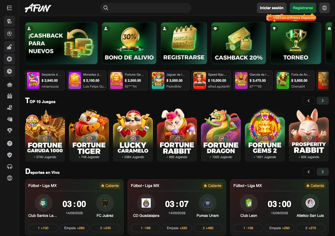 Inicio público de Afun.mx con casino, Liga MX, recuadro de +50% en el primer depósito y registro