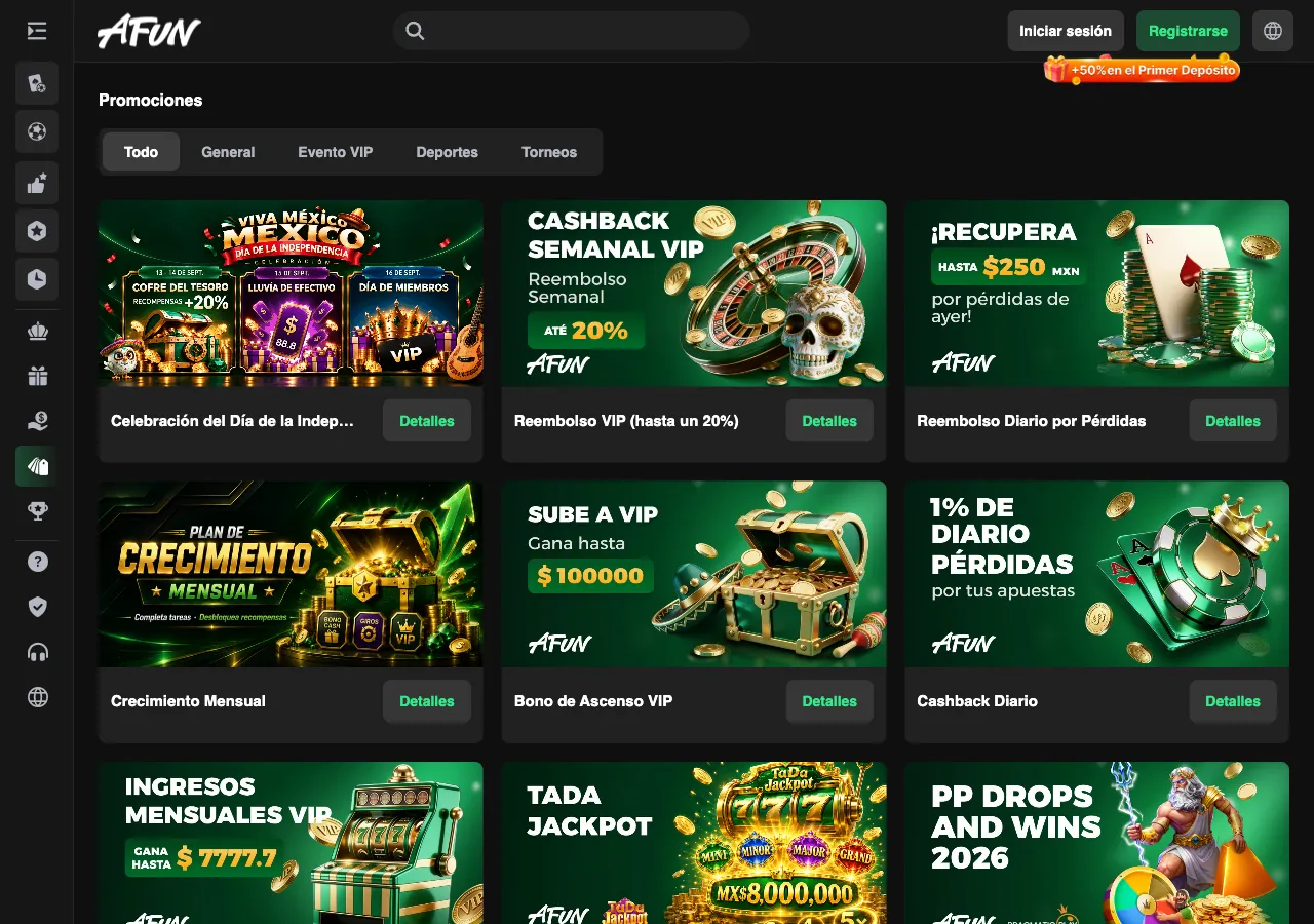 Página pública de promociones de Afun.mx con reembolso VIP, cashback y torneos