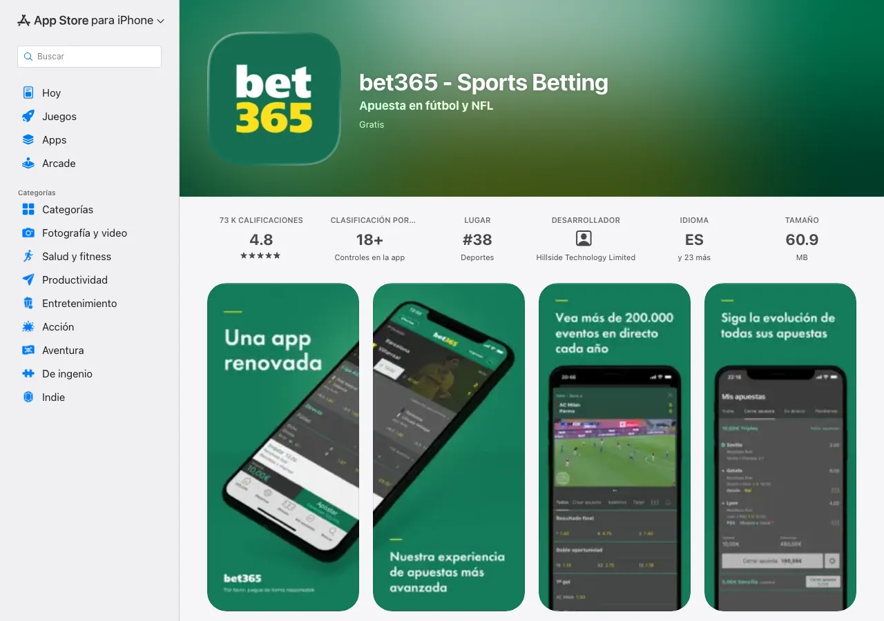 Ficha pública de App Store México de bet365 Sports Betting, con métodos de pago citados