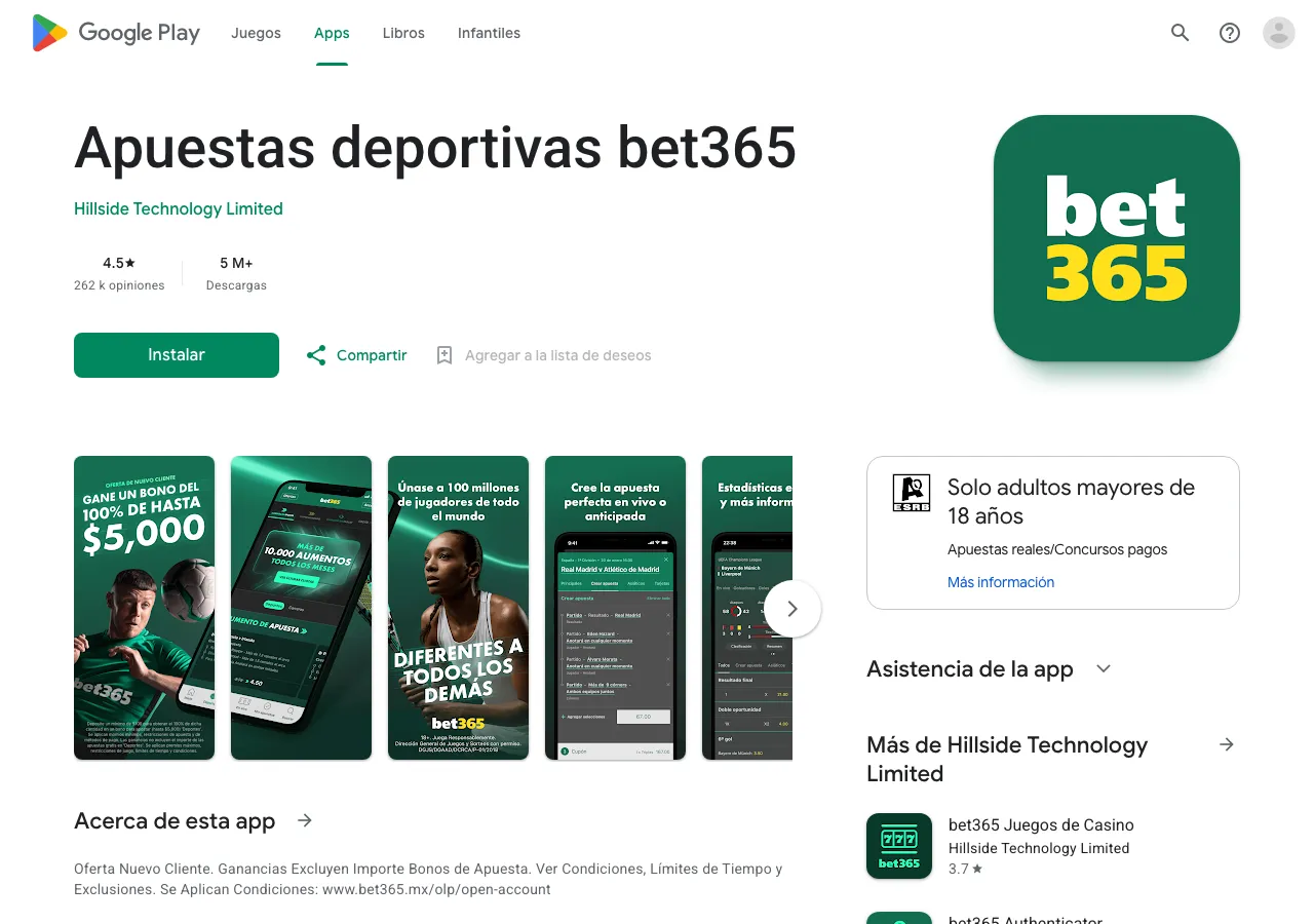 Ficha de Google Play de apuestas bet365 con gráfico de bono 100% hasta $5,000 y enlace a bet365.mx