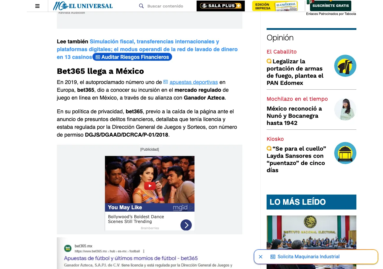 Artículo de El Universal sobre la caída de bet365.mx y el permiso DGJS/DGAAD/DCRCA/P-01/2018