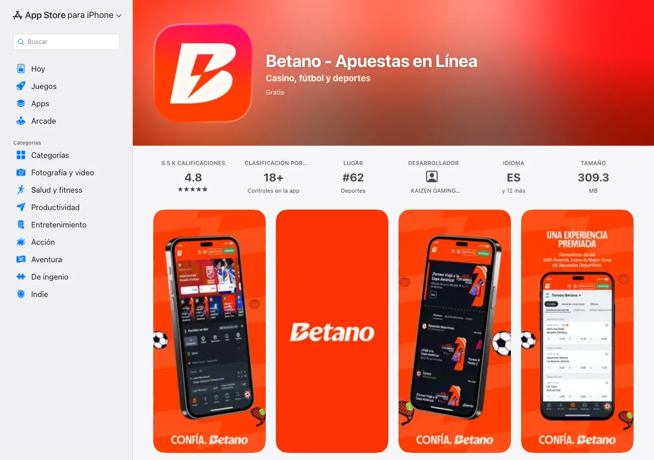 Ficha de Betano - Apuestas en Línea en la App Store de México, publicada por Kaizen Gaming