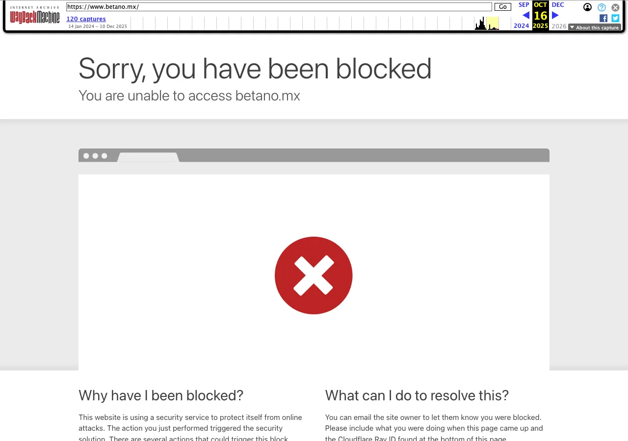 Captura archivada de la página de inicio de betano.mx, que ya mostraba un bloqueo de acceso de Cloudflare