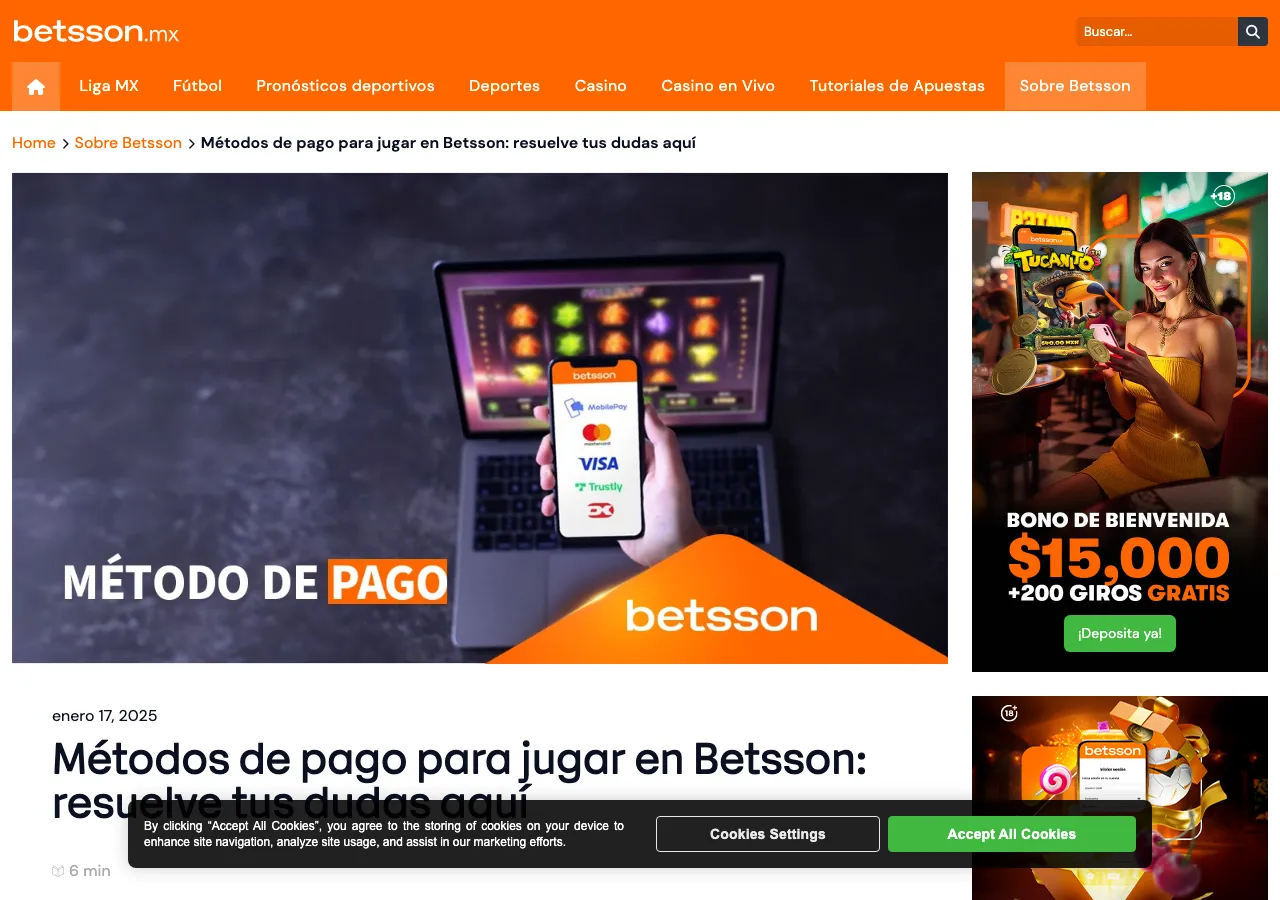 Guía pública de métodos de pago de Betsson México con montos mínimos y máximos