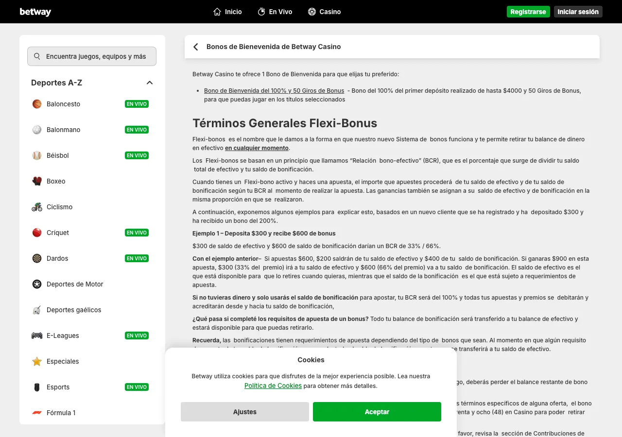Términos del bono de bienvenida de casino de Betway