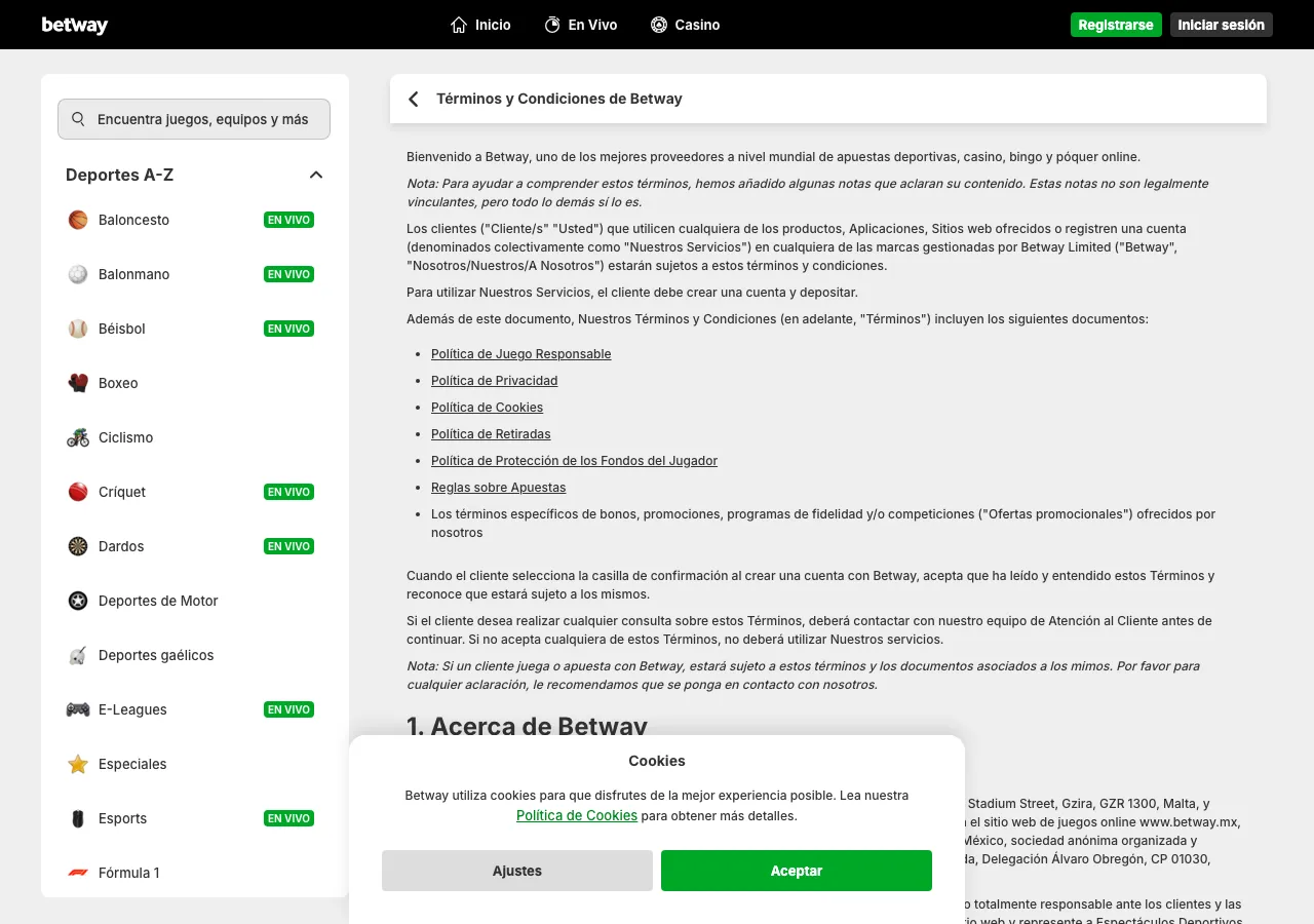Términos y condiciones de Betway México