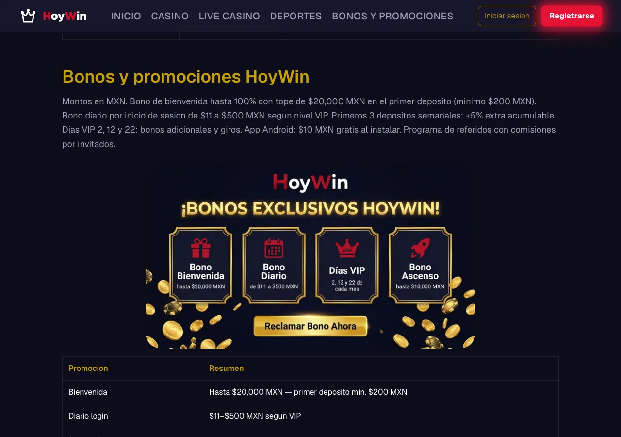 Sección de bonos de hoywin.com.mx el 13 de septiembre de 2026, con bienvenida anunciada hasta 20,000 MXN
