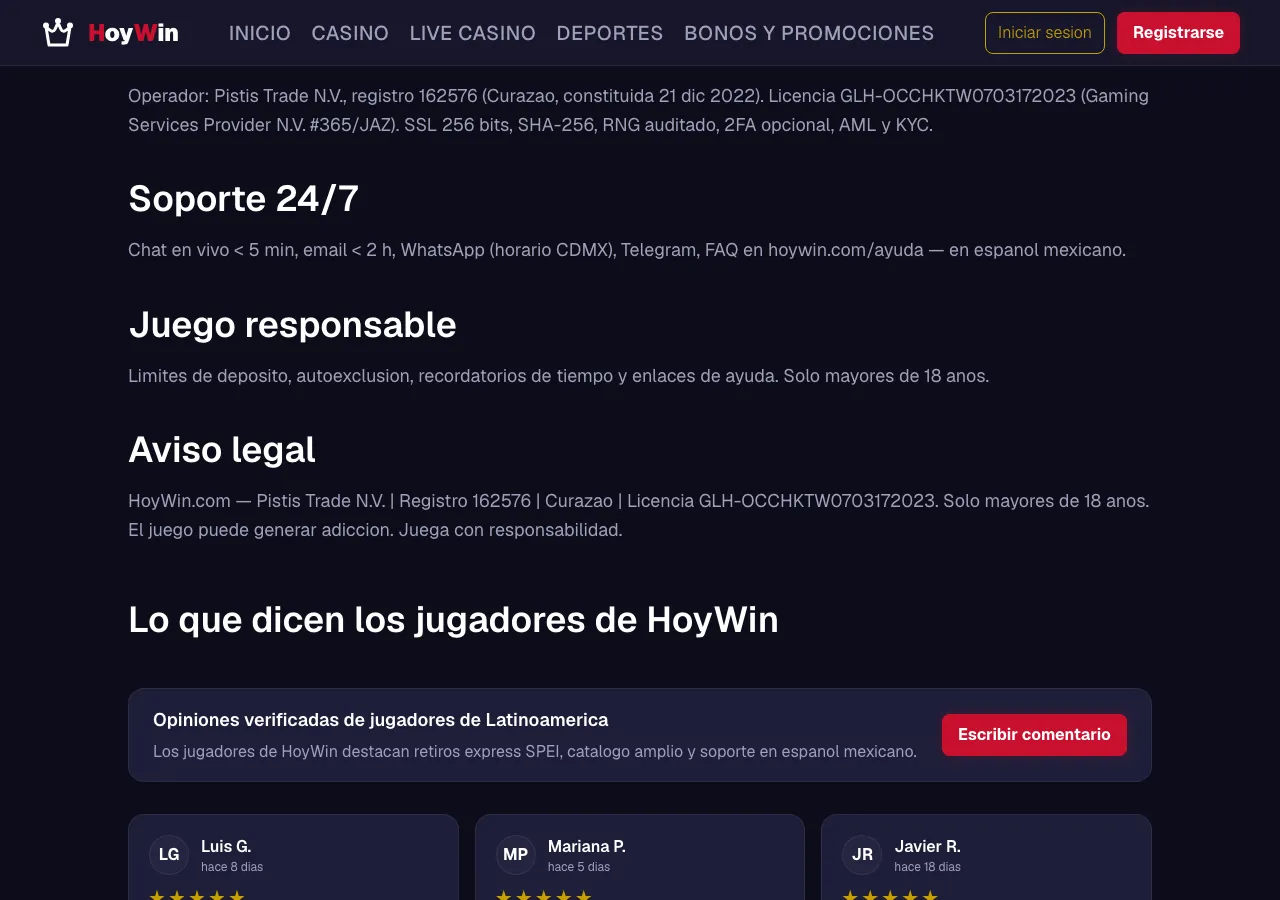 Aviso legal de hoywin.com.mx el 13 de septiembre de 2026: Pistis Trade N.V., registro 162576 y licencia GLH-OCCHKTW0703172023