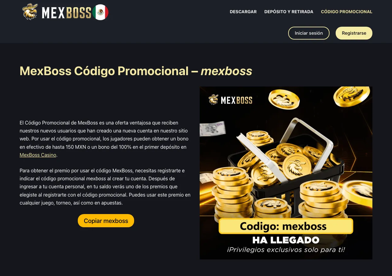 Página de código promocional de mexboss-mx.com, un sitio WordPress de la marca, no el cajero de mexboss.com
