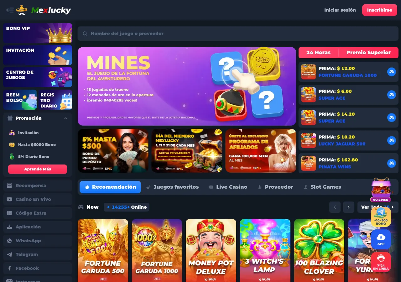 Inicio público de MexLucky el 13 de septiembre de 2026: catálogo de tragamonedas, menú de promociones y widget de soporte 24/7