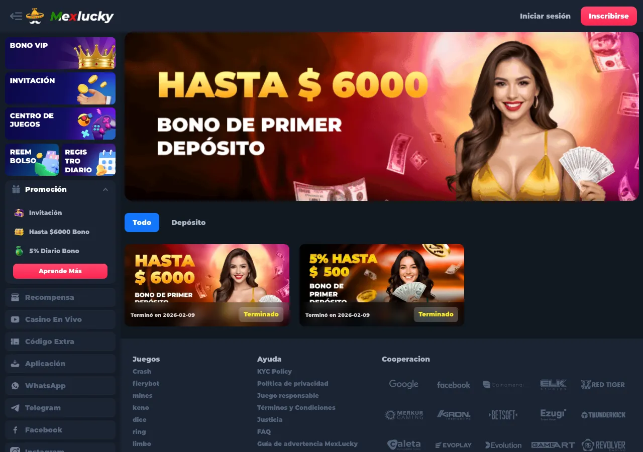 Página de promociones de MexLucky: banner de hasta $6,000 y dos fichas de depósito marcadas como terminadas el 9 de febrero de 2026