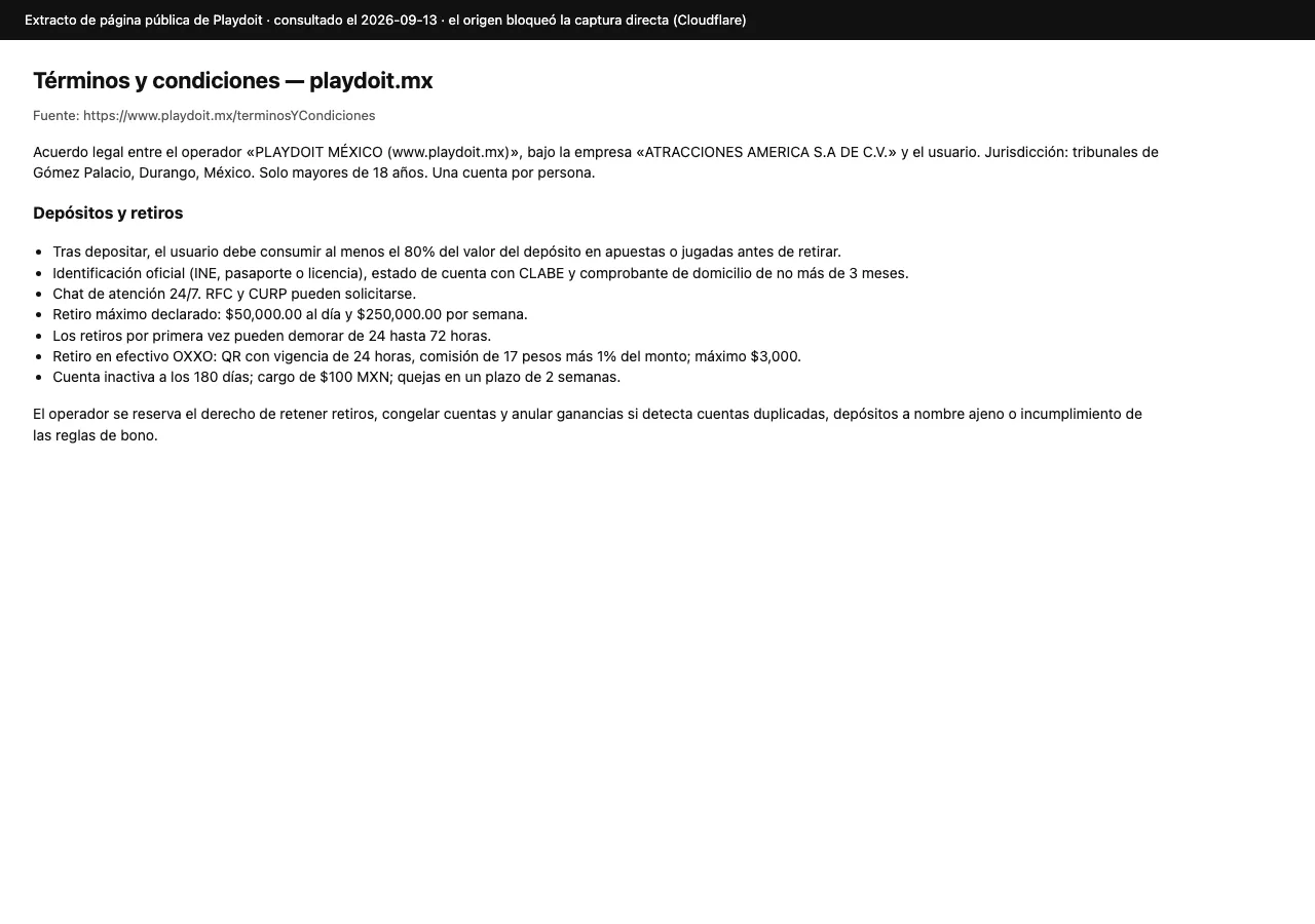 Extracto de los términos de Playdoit.mx con Atracciones América S.A. de C.V., consumo del 80% del depósito y plazos de retiro; el origen bloqueó la captura directa