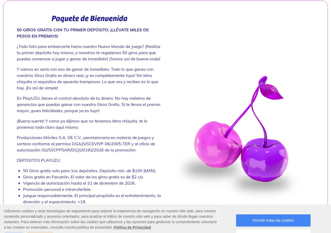Página de Sorpresas de PlayUZU con el paquete de 50 giros gratis y el permiso de la promoción