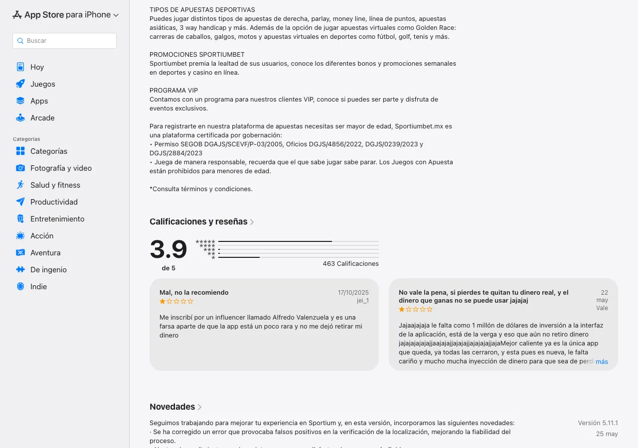 Descripción pública de App Store con promociones de Sportiumbet y el permiso DGAJS/SCEVF/P-03/2005