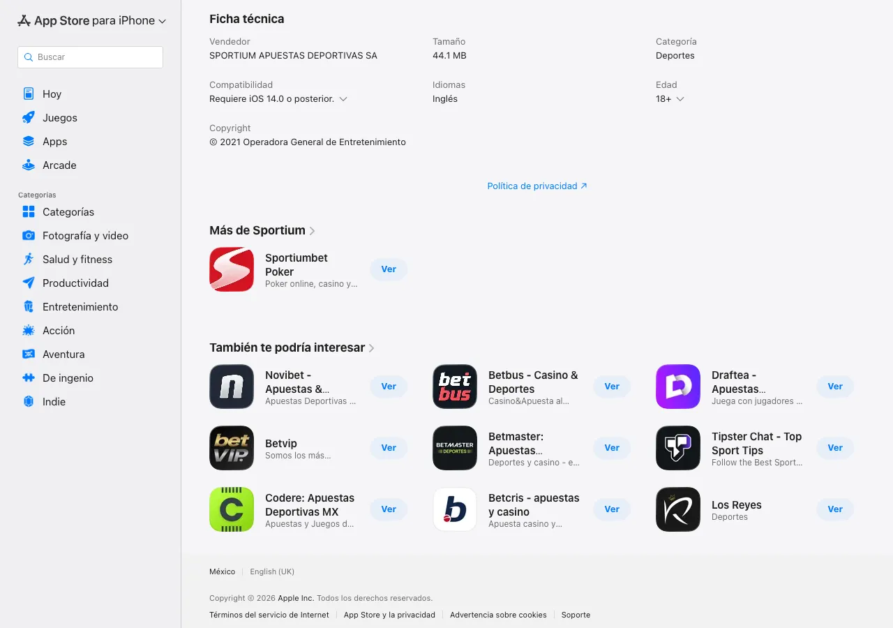 Ficha técnica de App Store México con copyright de Operadora General de Entretenimiento y enlace a la política de privacidad