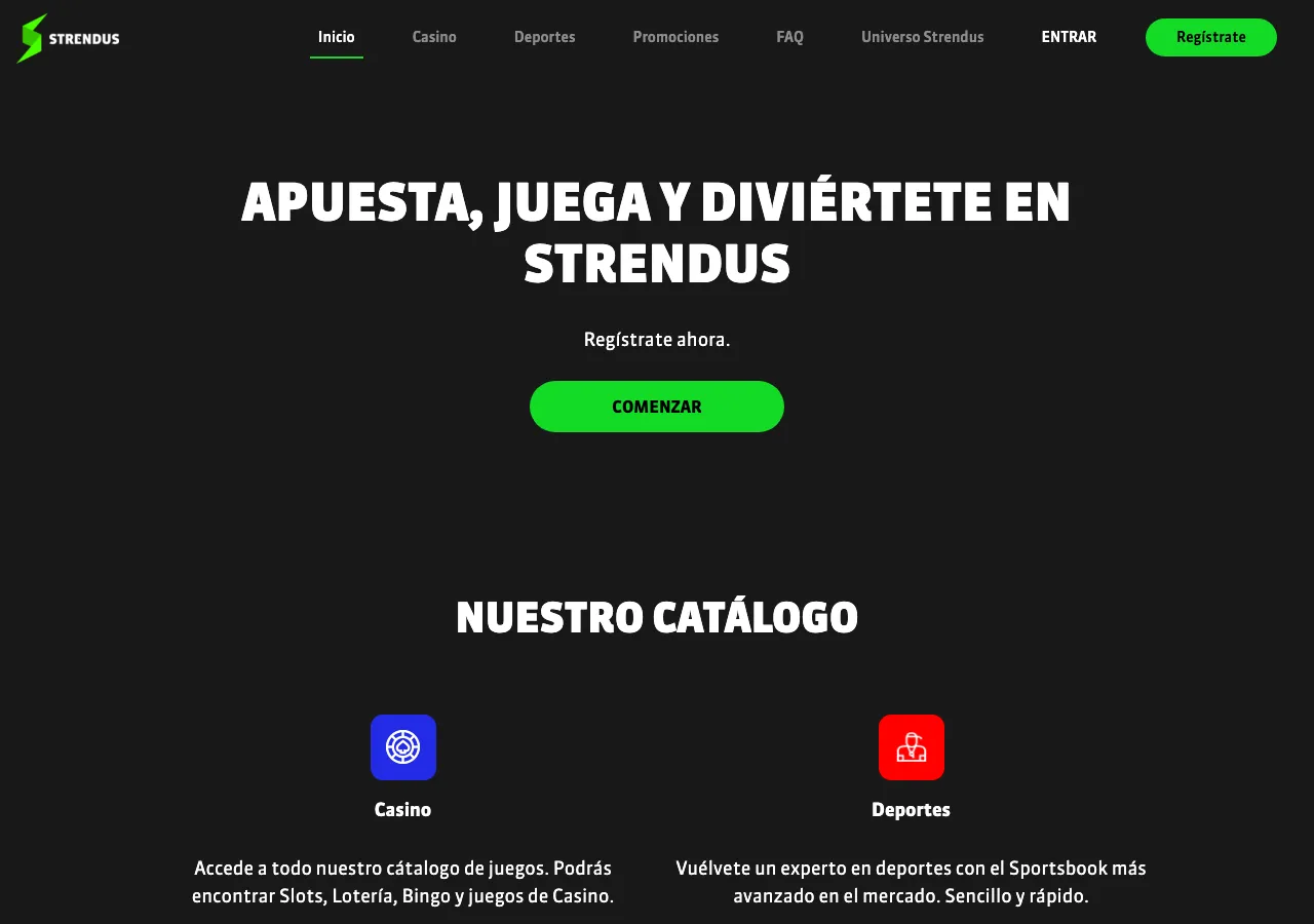 Página de inicio pública de Strendus México con menú de casino, deportes y registro