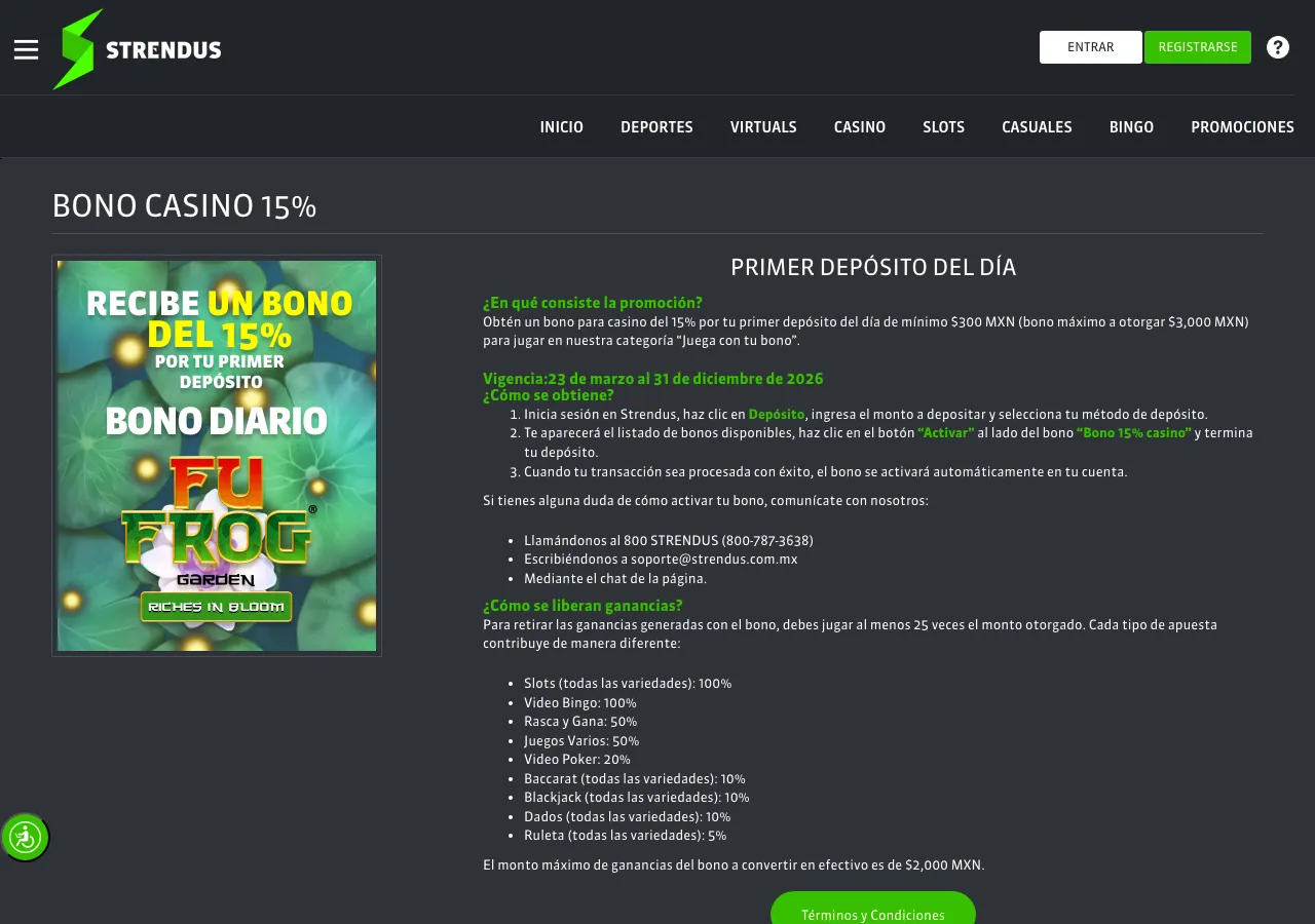 Promoción pública Bono casino 15% con depósito mínimo, requisito de apuesta y vigencia