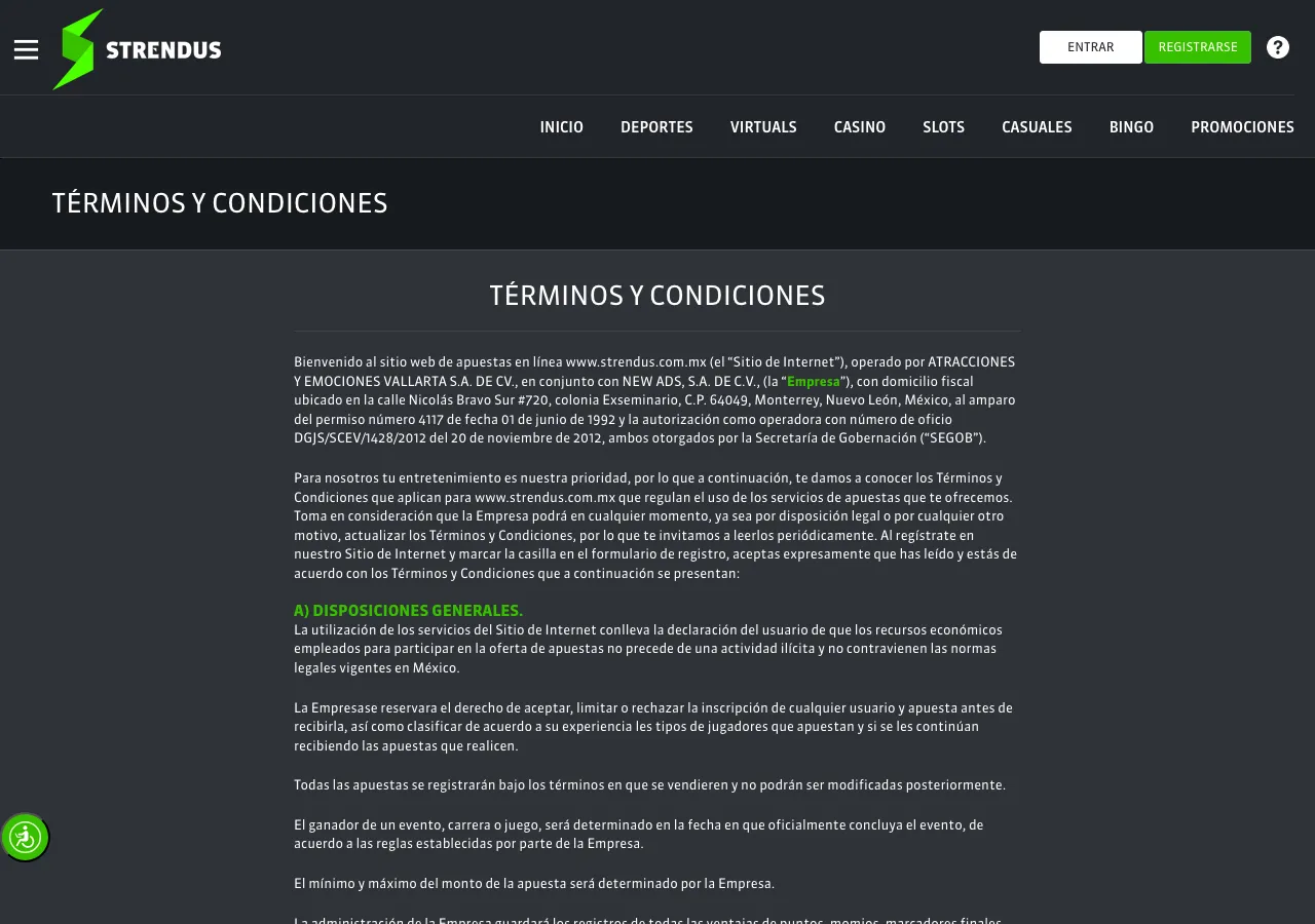 Términos y condiciones de Strendus con permiso 4117 y razón social