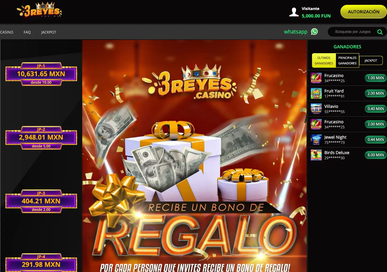 Sala de juegos de 3reyes.casino el 13 de septiembre de 2026, con marca 3REYES CASINO, botes en MXN y saldo de visitante en FUN