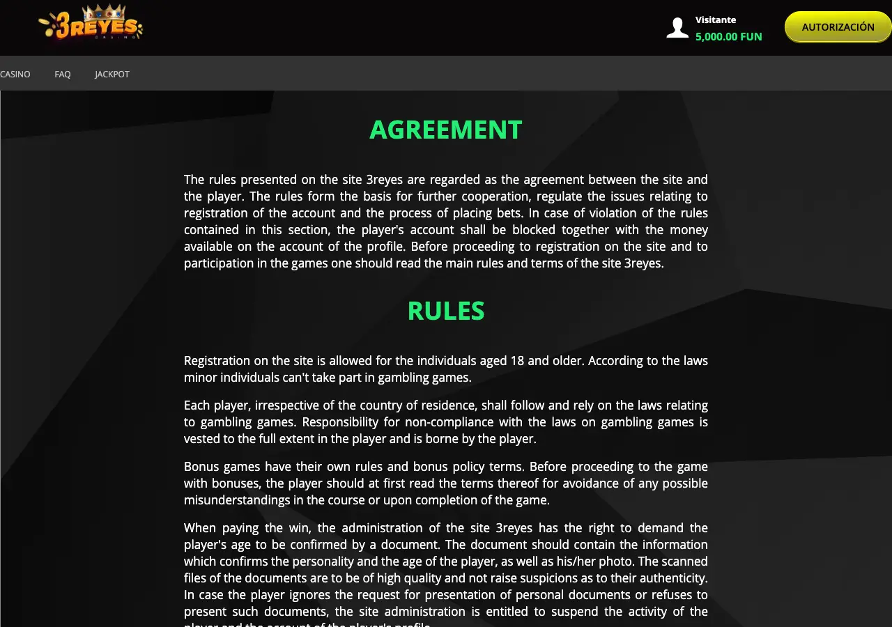 Acuerdo de usuario de 3reyes.casino en inglés, sin razón social ni número de permiso mexicano