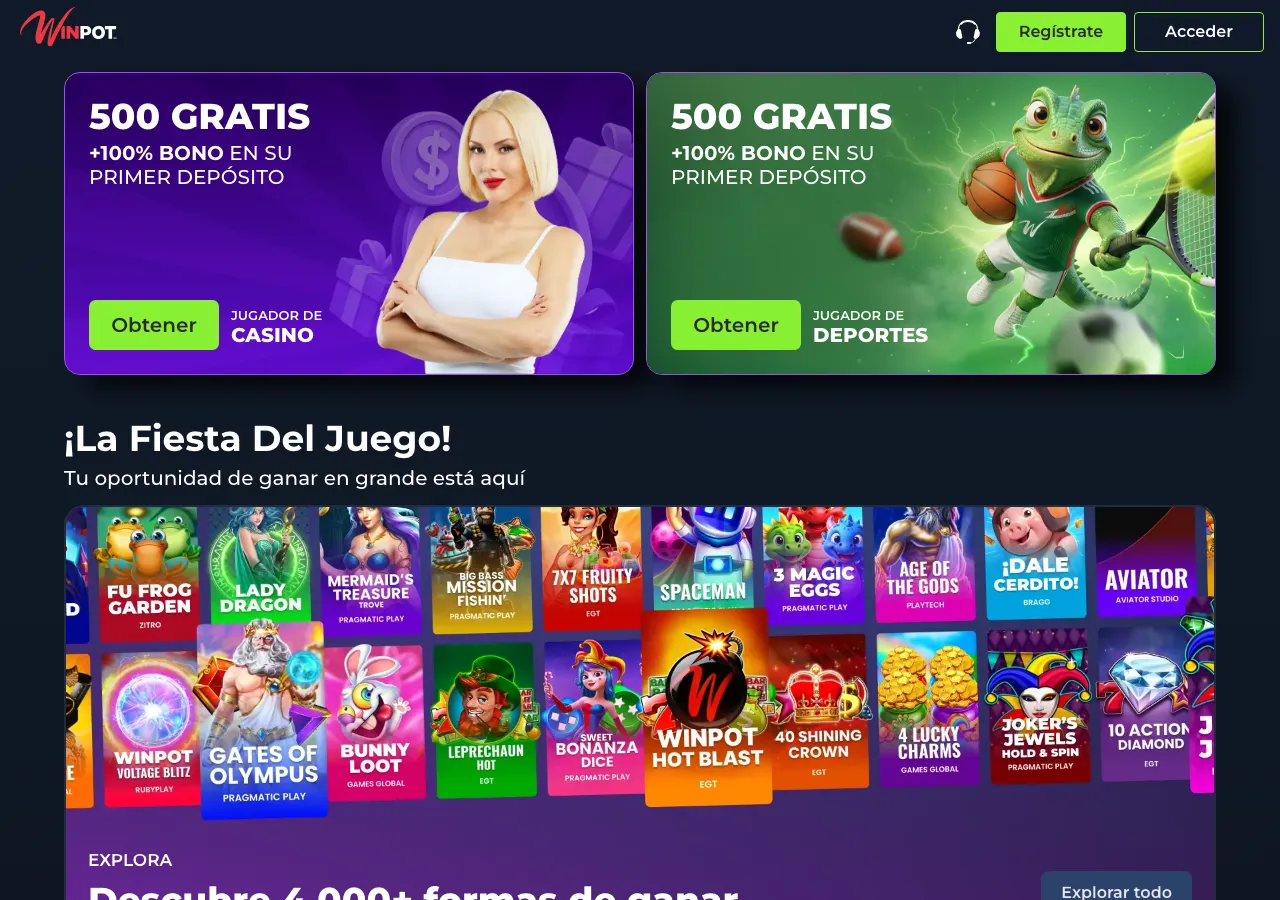 Página de inicio de Winpot con los bonos de bienvenida de casino y deportes