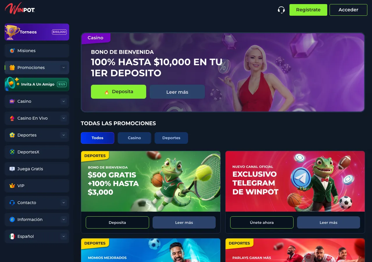 Sección de promociones de Winpot con el bono de bienvenida de casino